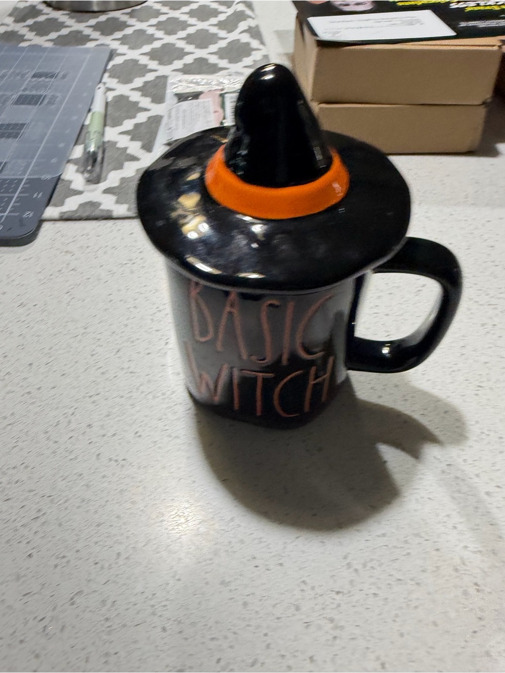 Rae Dunn Black Ceramic 'BASIC WITCH' Mug with Orange Witch Hat Lid